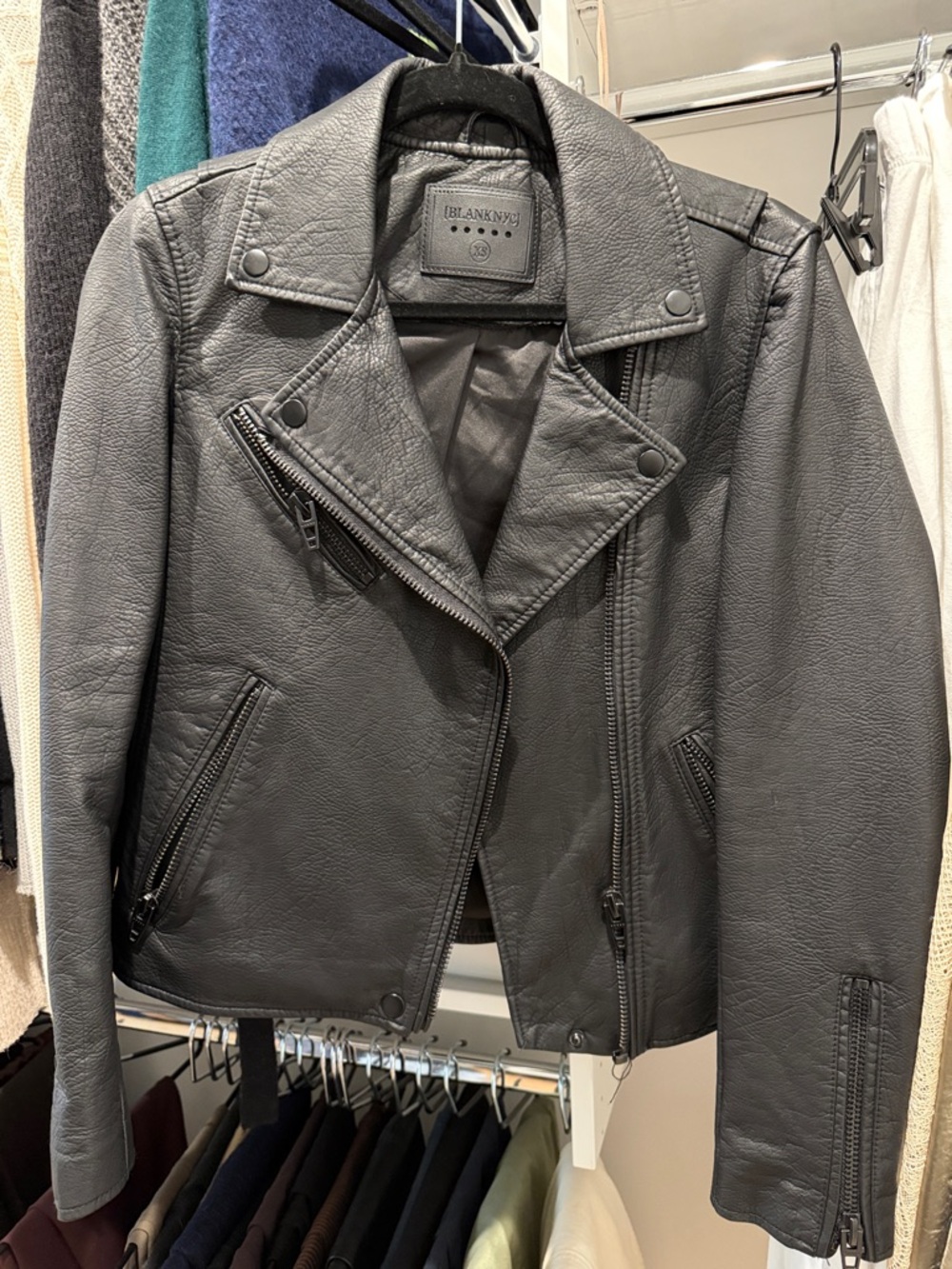 Blank NYC Black Faux-Leather Moto Blazer Jacket